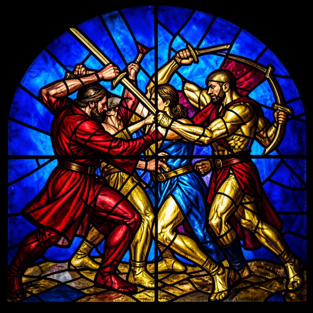 Stained-glass image of the final melee clash, multiple fighters in a dynamic composition of crimson, cobalt, and gold glass with strong black leading.